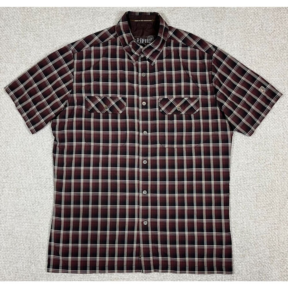 Kuhl Button Up Shirt Men's M Nylon Red Plaid Outdoor Hiking Camping Lightweight